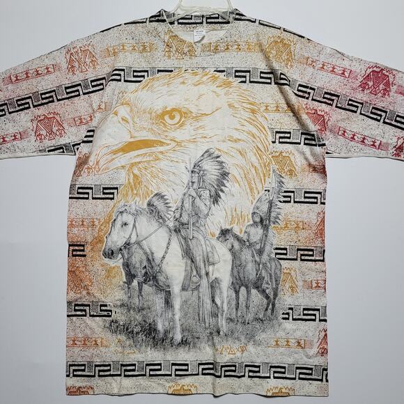 Vintage Native American Shirt Adult XL All Over Print Horse Indian Single Stitch - Picture 1 of 16